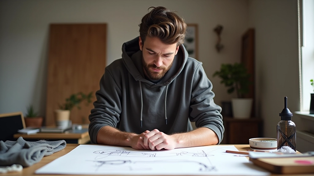 Turkish independent fashion designer working in studio with sketches and fabric materials