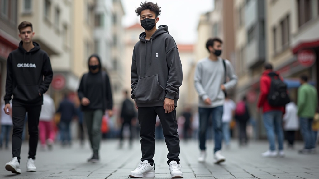 Street scene in Istanbul with young people wearing oversized hoodies and chunky sneakers, urban architecture background