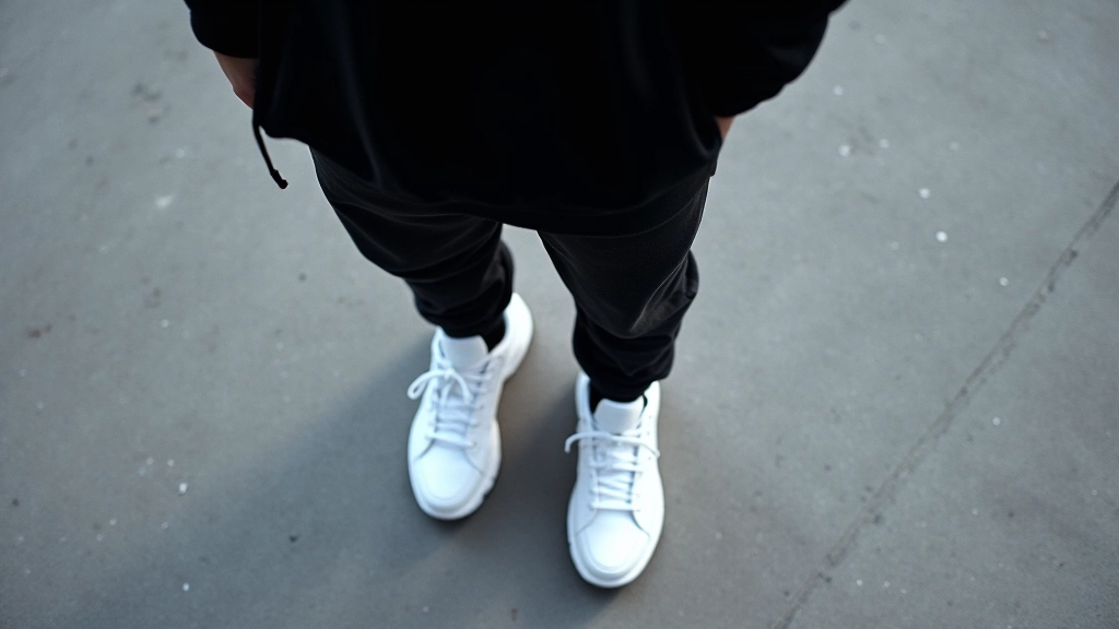 Person from waist down wearing oversized hoodie and white chunky platform trainers, standing on concrete pavement