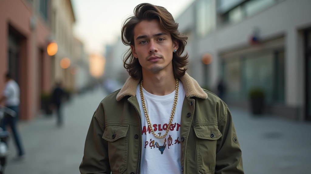 Layered outfit with graphic tees, light jacket, and accessories displayed on neutral background