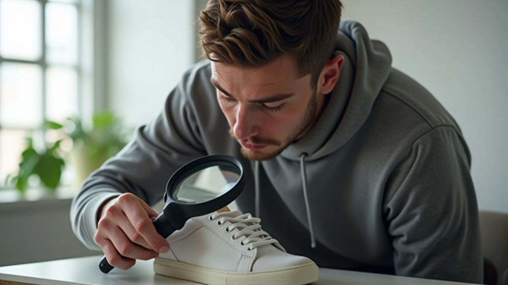 Person examining sneaker authentication details and condition on limited-edition pair indoors with natural window light