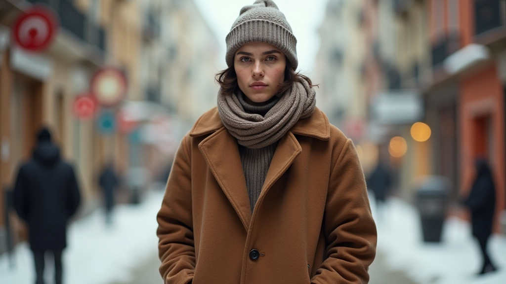 Winter layered outfit with fitted turtleneck, oversized wool coat, beanie and scarf, cool tones, snowy urban setting with warm indoor lighting