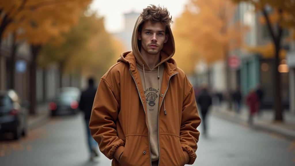Autumn layering with oversized hoodie, long-sleeve graphic tee, structured jacket, warm color palette, Istanbul street setting with fall lighting