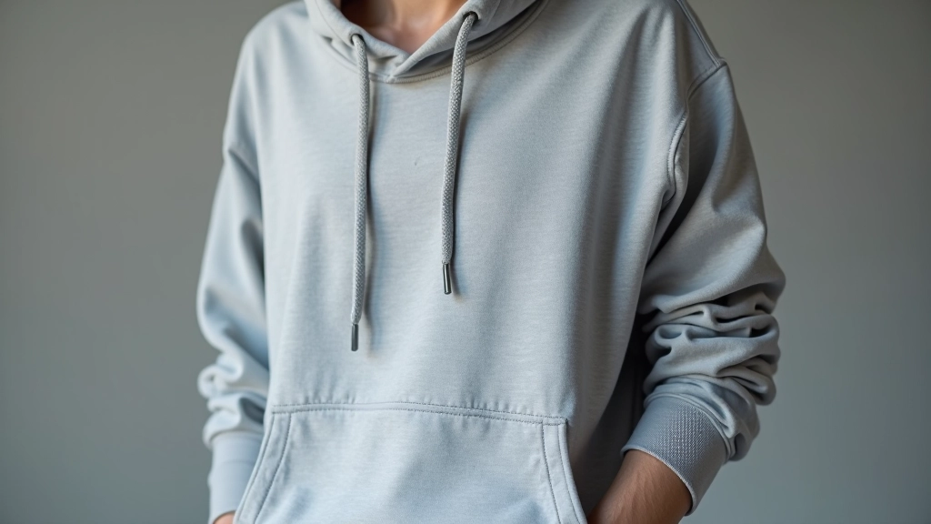 Close-up detail of oversized gray hoodie fabric with person wearing it, relaxed fit showing the fabric weight and drape