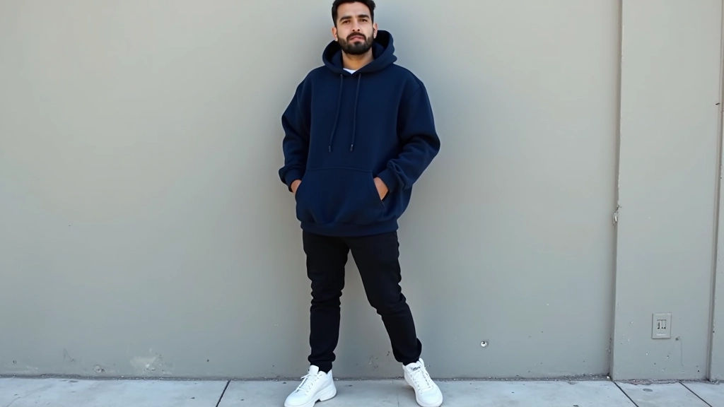 Full-length outfit shot of person wearing oversized hoodie with fitted black jeans and white chunky trainers, standing against urban wall