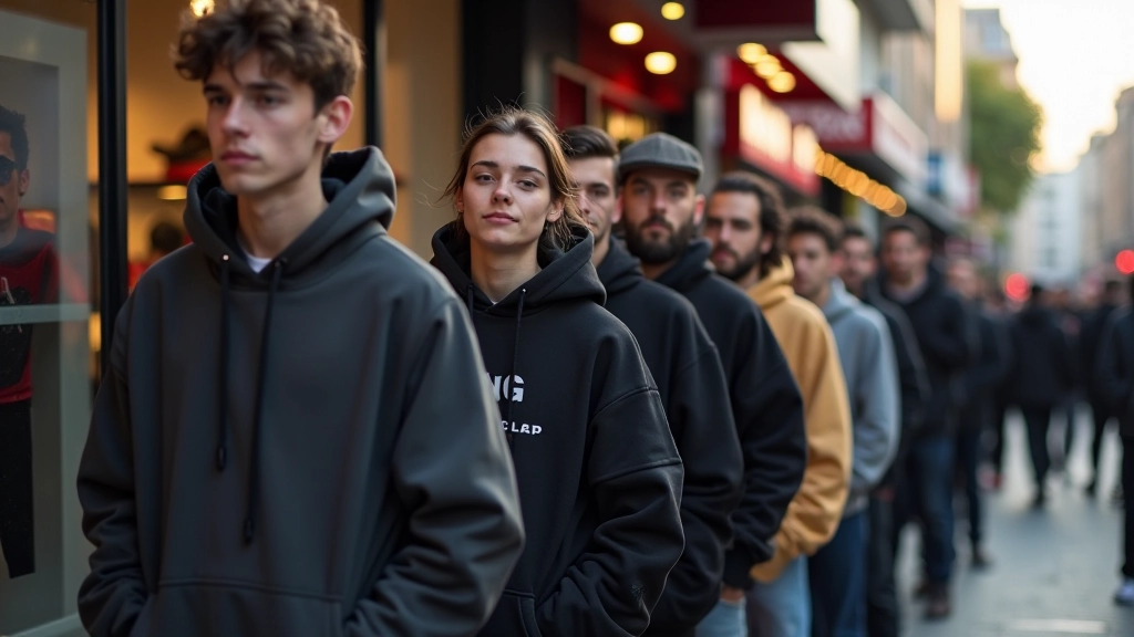 Sneaker enthusiasts in queue outside Istanbul store during limited-edition release event, morning light, excited expressions