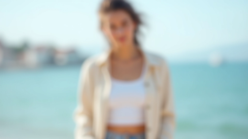 Layered summer outfit featuring oversized linen shirt worn open over fitted white tank, cropped proportions, lightweight fabrics, coastal setting with natural daylight